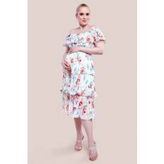 Evening Gowns - White Dresses Goddiva Maternity Pleated Bodice Chiffon Tiered Midi Dress Cream