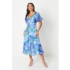 Clothing Coast Printed Puff Sleeve Glossy Organza Midi Dress Blue