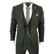 Green - Men Suits Truclothing Men's Wool Tweed Herringbone Suit 3-piece - Olive