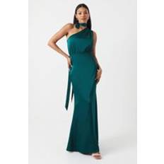 One Shoulder Tie Neck Satin Bridesmaids Dress Emerald