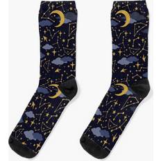 Gold Socks Famgem Dress Socks Celestial Stars and Moons in Gold and Dark Blue Novelty Fancy Crazy Pattern Crew Casual for Men Women