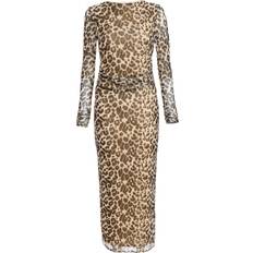 Clothing Quiz Leopard Print Long Sleeve Mesh Midaxi Dress Stone