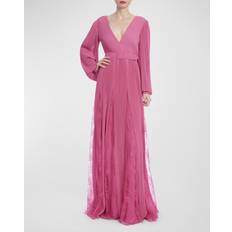 Badgley Mischka Pleated Lace-Inset Godet Gown STRAWBERRY