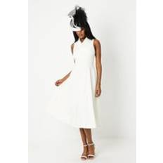 Clothing Coast Lisa Tan Crepe Pleat Collar Full Skirt Midi Dress Ivory