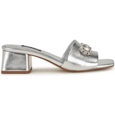 Silver - Women Slides Nine West Bamsy Block Heel Slide Sandals Silver