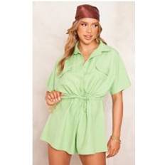 Linen Jumpsuits & Overalls PrettyLittleThing Green Linen Look Tie Waist Shirt Style Romper