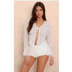 PrettyLittleThing White Sheer Textured Tie Front Blouse, White