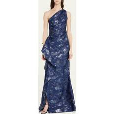 Teri Jon One-Shoulder Side-Ruffle Gown - Navy