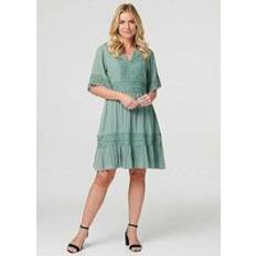 Green - Knee Length Dresses Izabel London Lace Detail 1/2 Sleeve Short Dress Khaki