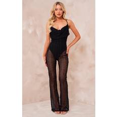 Polyester - Women Jumpsuits & Overalls PrettyLittleThing Black Textured Cowl Strappy Flare Leg Jumpsuit, Black