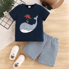 M Other Sets Shein Young Boys Casual Striped Shorts Set With Whale Pattern TShirt For Summer College Style