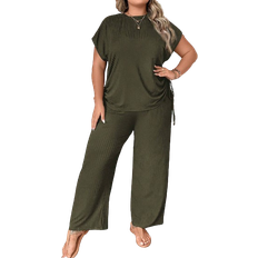 Green - Women Jumpsuits & Overalls Shein LUNE Plus Size Women's Round Neck Short Sleeve Top With Side Drawstring And Pants Two Piece Set