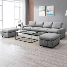 ijuicy Couch with 2 Movable Ottomans Light Grey Sofa 118.9" 3pcs 6 Seater