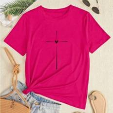 Röda - Tyg T-shirts Shein Casual Short Sleeve T-Shirt With Heart Print