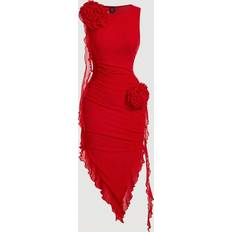 Red Dresses Shein Womens Solid Color Round Neck Bodycon Dress With Flower And Irregular Hem