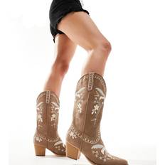 Glamorous Glamorous Wide Fit Broderede cowboystøvler gyldenbrun