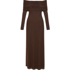 Meshki Josie Off Shoulder Mesh Maxi Dress - Dark Brown