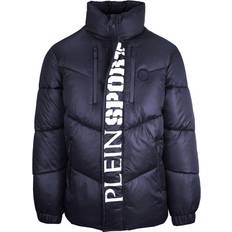 Philipp Plein Men Outerwear Philipp Plein Sport Mens Bold Vertical Logo Shiny Padded Navy Blue Jacket