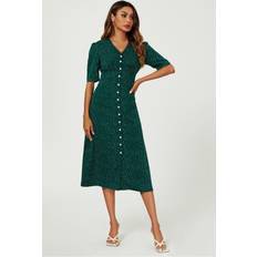 Clothing FS Collection Dot Print Button Front Midi Dress In Green