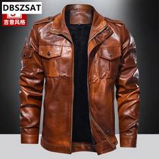 Leather Jacket Men Winter Fleece Motorcycle PU Leather Jacket Mens Stand Collar Casual Windbreaker Ropa De Hombre Slim Coat Green One