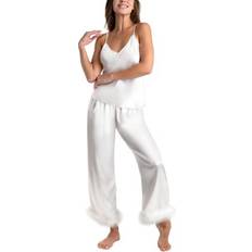 Beige - Women Pajamas Linea Donatella Women's Marabou 2-Pc. Satin Pajamas Set White