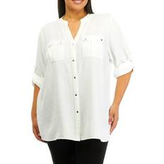 Calvin Klein Women Shirts Calvin Klein Plus Textured Roll Tab Button Down Shirt Soft White 3X