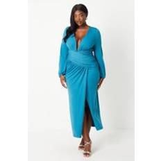 Clothing Coast Plus Jersey Tie Wrap Front Long Sleeve Maxi Dress Green