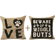 Pack of 2 Wiggle Butts Paw Print Wood Grain Gift Linen Cushion Cover