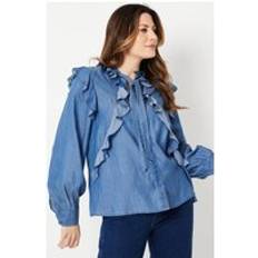 Tencel Blouses Wallis Denim Tencel Frill Tie Neck Blouse Mid Wash