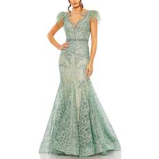Mac Duggal Women's Embellished Feather Cap Sleeve Illusion Neck Trump Sage