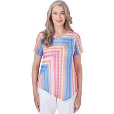 Short Sleeves Blouses Alfred Dunner Women's Paradise Island Texture Spliced Stripe Top, Multicolor