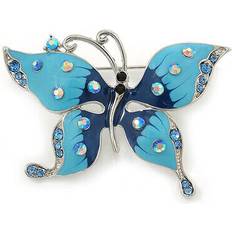 Crystal Brooches Avalaya Sky & royal blue enamel crystal butterfly brooch in rhodium plating 55mm w