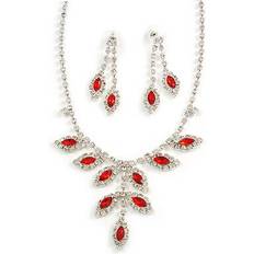 Red Jewellery Sets Avalaya Bridal red/clear diamante floral necklace & earrings set in silver plating