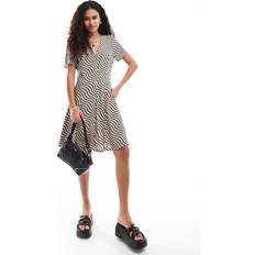 Monki Button Through Mini Dress with V Neck - Wave Print/Multi