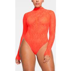 Orange Bodysuits SKIMS Lined Long Sleeve Thong Bodysuit Orange Stretch Lace