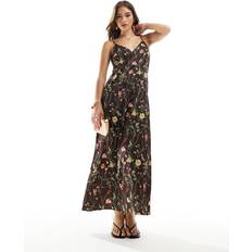 Y.A.S Midi Dresses Y.A.S – A-Linien-Maxikleid aus Satin in Braun mit Blumenmuster und V-Ausschnitt im Boho-Stil-Brown