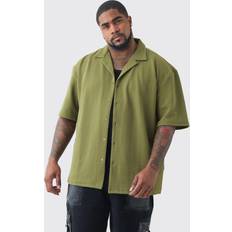 5XL - Mies Paidat boohooMAN Plus Herringbone Detail Revere Shirt - Khaki