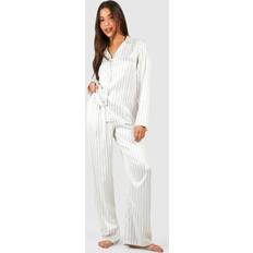 boohoo Pinstripe Long Sleeve Shirt Trousers Pyjama Set - White
