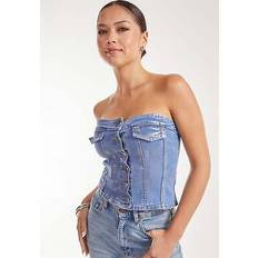 Silver - Women Blouses Metallic Silver Foil Denim Corset Top Blue
