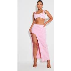 Denim - Short Skirts PrettyLittleThing Shape Washed Pink Denim Seam Detail High Split Maxi Skirt