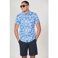 Cotton Short Sleeve Button-Up Printed Shirt Blue
