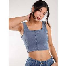 Short Sleeves Blouses Denim Cropped Corset Top Blue