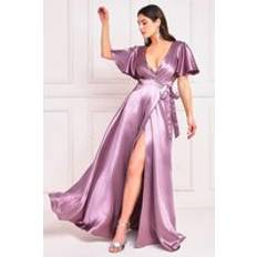 Goddiva Flutter Sleeve Wrapover Satin Maxi Dress Rose Gold