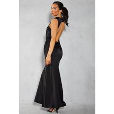 Evening Gowns Dresses Misspap Satin Grown Neck Cut Out Back Fishtail Maxi Dress Black