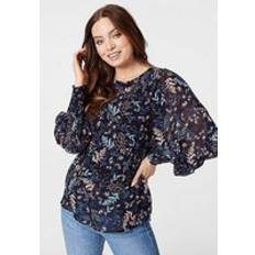 Blue Blouses Izabel London Leaf Print Semi Sheer Blouse Blue