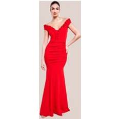 Goddiva Off The Shoulder Frill Gathered Maxi Dress Red