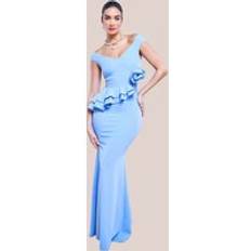 Goddiva Scuba Crepe Rose Frill Maxi Dress Light Blue