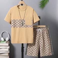 Shein Tween Boy Summer Letter Print Crew Neck Short Sleeve T-Shirt And Waist Tie Shorts Casual 2pcs/Set