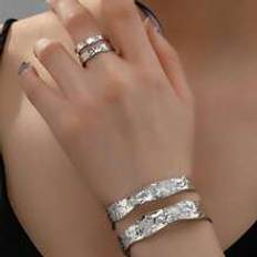 Silver Smyckesset Shein Set Of Fashionable Exaggerated Metal Hollow Out Ladies Bracelet Ring Jewelry Set, Gift For Friends