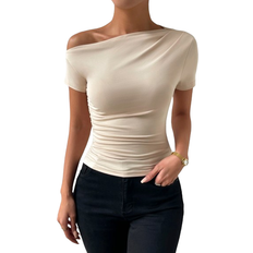 Shein Solid Ruched Asymmetrical Neck Tee